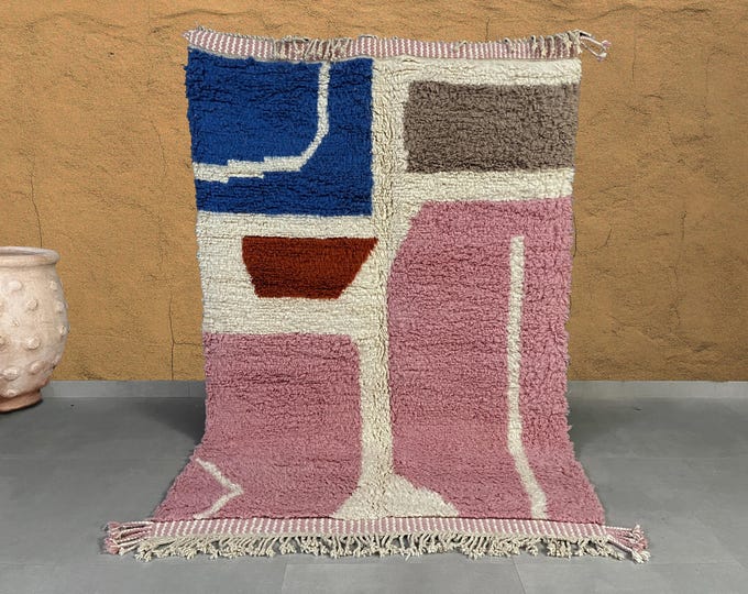Handmade Moroccan Rug - Pink, Teal, and Orange Abstract Wool Carpet with Modern Boho Design for Living Rooms, Bedrooms, Rugs, Free shipping