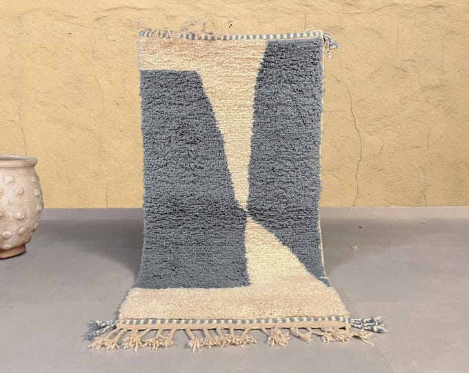 Unique Beni Ourain Rug - Hand-Knotted Moroccan Wool Rug - White and Gray Geometric Design - 50% OFF - FREE SHIPPING