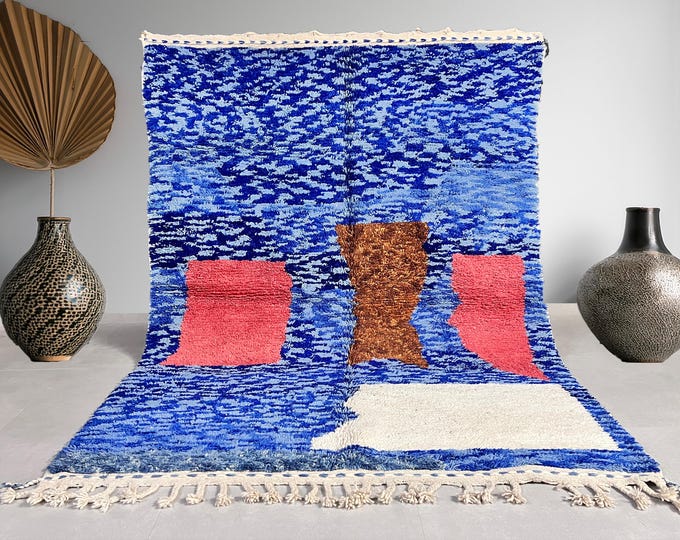 Blue Beni Ourain Rug 205x263 cm (6.7x8.6 ft) – Handwoven Moroccan Wool, Geometric Pattern – Modern, Minimalist & Boho Decor