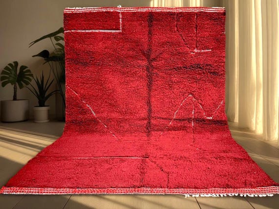 Deep Red Moroccan Rug – Handmade Wool Carpet, Berber Area Rug, Custom Boho Moroccan Decor, Bold Statement Wool Living Room Rug
