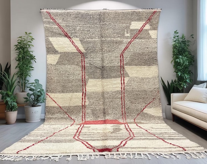 Handmade Berber Rug – Geometric Red & Beige Design – Moroccan Vintage Carpet with Fringes – Boho Chic Home Decor