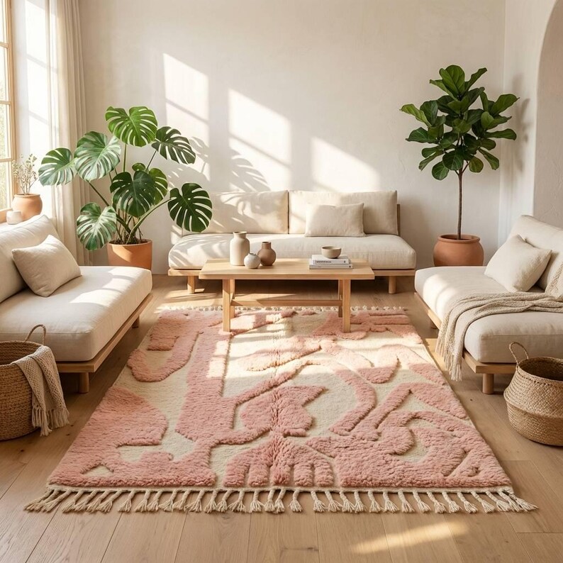 May include: A living room scene featuring a large, pink and cream-colored patterned rug with fringe. The room includes light-colored sofas, a wooden coffee table, and potted plants. The overall aesthetic is modern and minimalist.