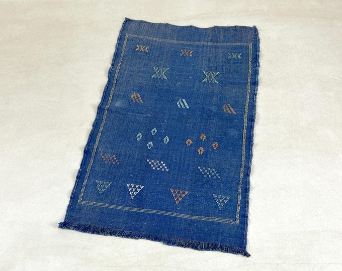 blue Moroccan Rug, Cactus Silk Rug, Wall Tapestry Rug, Small Accent Rug, Boho Deco