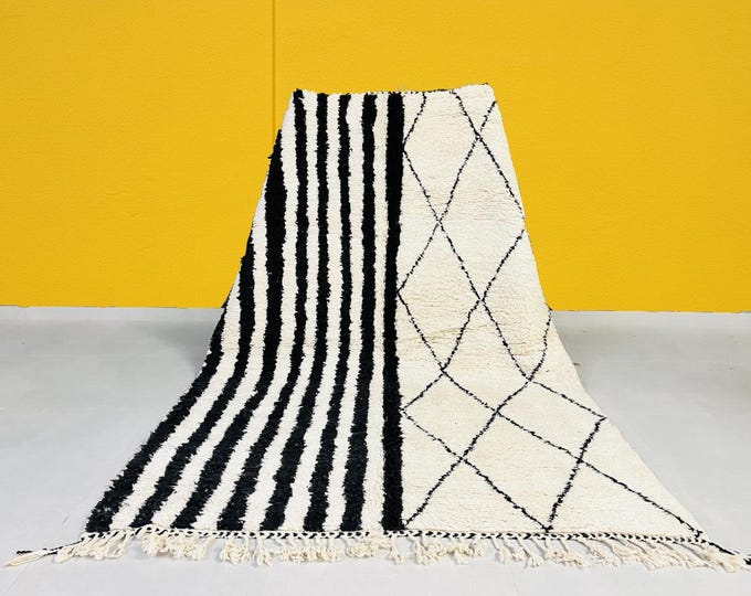 Beni Ourain Moroccan Berber Rug Black and White 207x296 cm (6.79x9.71 ft) - Modern, Minimalist, Boho - Natural Wool