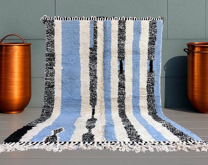 Beni Ourain Rug 201x285 cm / 6.6x9.3 ft – Handmade Wool – Black White Blue – Modern Boho Minimalist Moroccan Berber Carpet