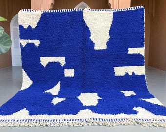 Handmade Moroccan Wool Rug - Bold Blue Abstract Beni Ourain Carpet - Berber Rug - Moroccan Berber Rug for Living Room - Modern Berber Rug