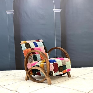 Moroccan Rug Armchair, Handcrafted Mid Century Walnut Wood Armchair, Modern Relax Vintage Style, Moroccan Artisanal Furniture
