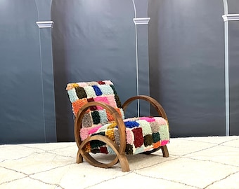 Moroccan Rug Armchair, Handcrafted Mid Century Walnut Wood Armchair, Modern Relax Vintage Style, Moroccan Artisanal Furniture