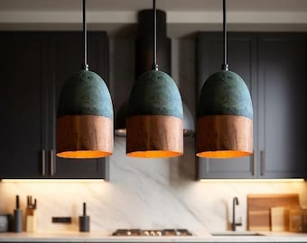 Oxidized Copper Farmhouse Pendant Light, Vintage Green Patina Hanging Lamp for Kitchen & Dining, Unique Ceiling Light, Dome-Style Fixture