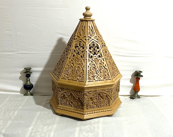 Handmade Wooden Art Piece, Hexagonal Pyramid Shape with Traditional Engravings