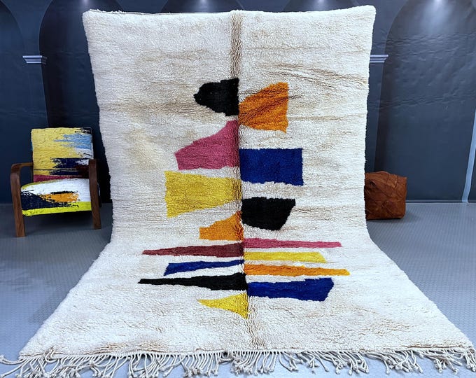 Moroccan Handmade Beni Mrirt Rug – A Soft Symphony of Colors and Geometry, Fluffy rug Authentic Moroccan Berber Mrirt Wool rug 8x10 FT