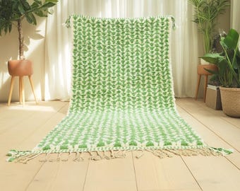 Moroccan Rug, Watercress Green Berber Carpet with Ivory Base, Handmade Wool Area Rug, Modern Boho Moroccan Rug