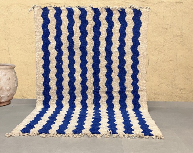 Vibrant Moroccan Shag Rug with Bold Blue Zigzag Stripes and Tassels – Cream Base, Rug for Living Room, Beni ourain rug, Moroccan rug