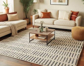 White and Indian Teal Moroccan Rug, Handmade Wool Berber Carpet, Neutral Boho Wool Area Rug, Modern Moroccan Wool Carpet - Wool Rugs