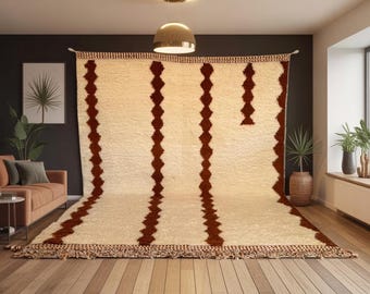 Cream & Brown Moroccan Rug – Beni Ourain Wool Carpet – Handmade Berber Floor Rug – Striped Neutral Boho Living Room Decor - Free Shipping