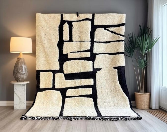 Handwoven Moroccan Rug – Black and White Wool Carpet – Geometric Berber Boho Design – Custom Handmade Area Rug