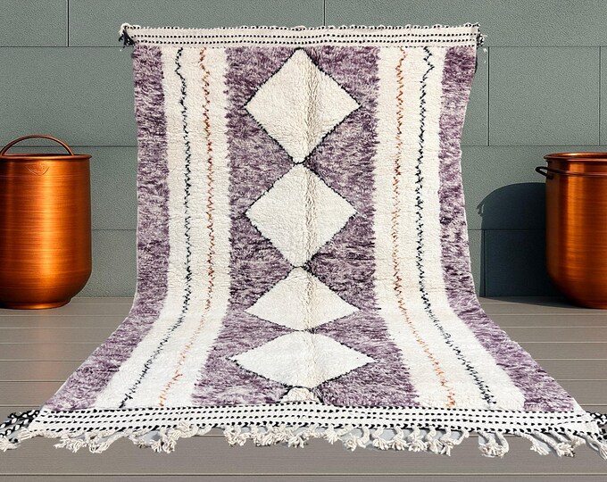 Tapis Beni Ourain Violet Blanc Noir 204x290cm (6.7x9.5ft) - Tapis Berbère Fait Main Laine Naturelle - Berber rug, Beni Ourain, Moroccan rug