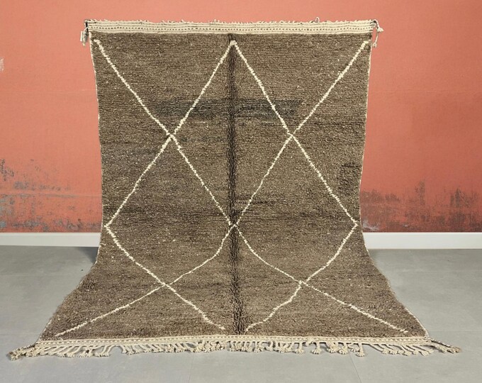 Moroccan Beni Ourain Rug, Black and White, 202x230 cm (6.63x7.55 feet), Natural Wool, Bohemian, Modern, Minimalist
