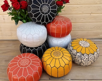 Moroccan POUF **50% OFF** with White Stitching Leather Pouf Ottoman Pouf Morrocan Leather Pouf Moroccan Pouffe