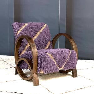 Moroccan Rug Armchair, Handcrafted Mid Century Walnut Wood Armchair, Modern Relax Vintage Style, Moroccan Artisanal Furniture