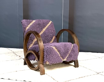 Moroccan Rug Armchair, Handcrafted Mid Century Walnut Wood Armchair, Modern Relax Vintage Style, Moroccan Artisanal Furniture
