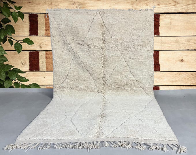 Beni Ourain Rug 196x308 cm | 6.4x10.1 ft | Cream Berber Rug | Handmade Natural Wool Carpet | Minimalist Boho Decor