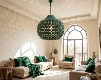 Lámpara colgante grande de cobre con pátina verde esmeralda - Iluminación colgante artesanal para cocina y sala de estar - Decoración marroquí única hecha a mano