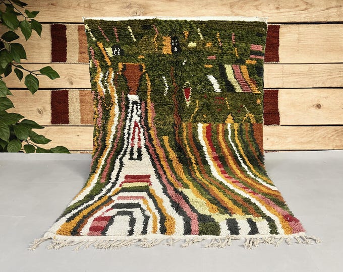 Moroccan Berber Rug Beni Ourain White, Green & Pink 200x300 cm (6.56x9.84 feet) - Natural Wool - Handwoven Artisan Craft