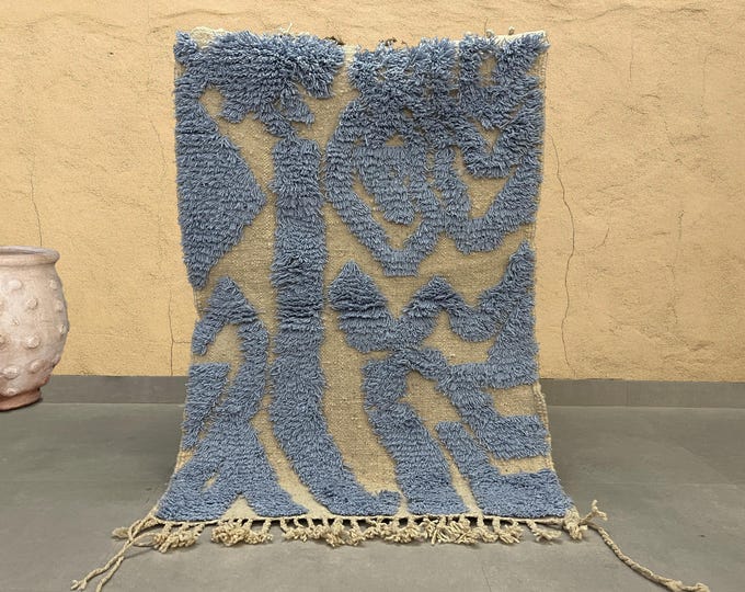 Tapis bleu Beni Ourain pour salon-Tapis en laine Berber-Tapis en laine traditionnel-Tapis en laine Poujaad-Tapis en laine fait à la main