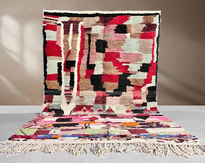 Beni Ourain Berber Rug Black and White 193x295 cm (6.33x9.68 feet) - Authentic, Geometric, Natural Wool, Modern, Bohemian