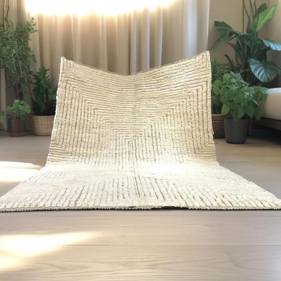 Off White Moroccan Wool Rug – Minimalist Textured Carpet, Handmade Berber Area Rug, Custom Size Neutral Wool Rug for Modern Living Room