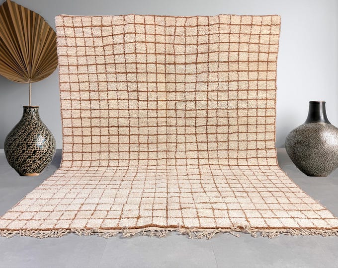 Luxury Beni Ourain Rug - Handwoven Wool Rug - Simple Beige and Brown Grid Pattern - 50% OFF - FREE SHIPPING