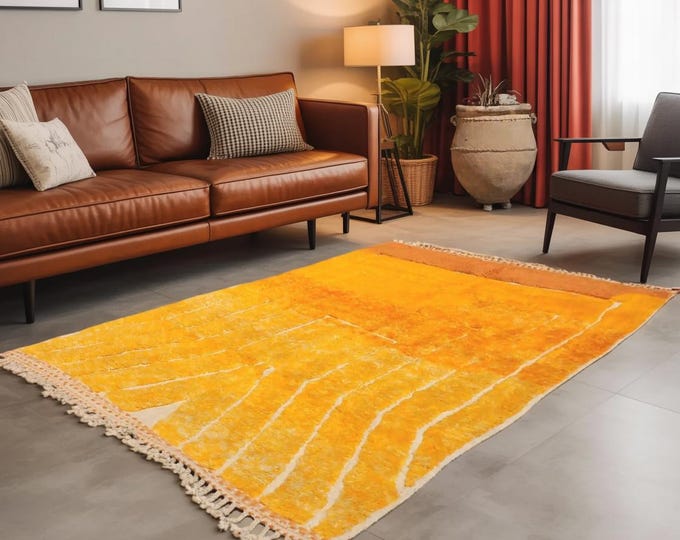 Pretty Beni Ourain Rug – Handmade Moroccan Berber Wool Carpet, Yellow & Orange Geometric Area Rug, Custom Size, Two-Side Fringes
