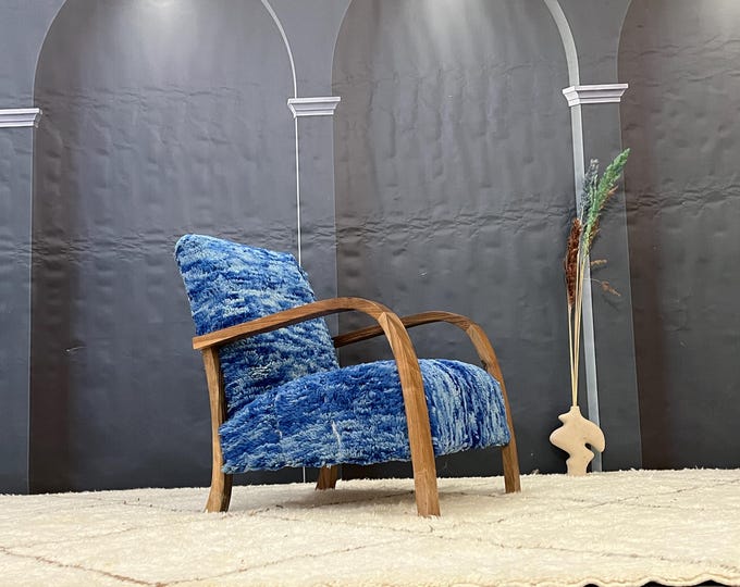 Blue Armchair with Wooden Frame | Stylish Furniture, Modern Accent Piece, Comfortable Seating, Plush Chair, Boho Decor