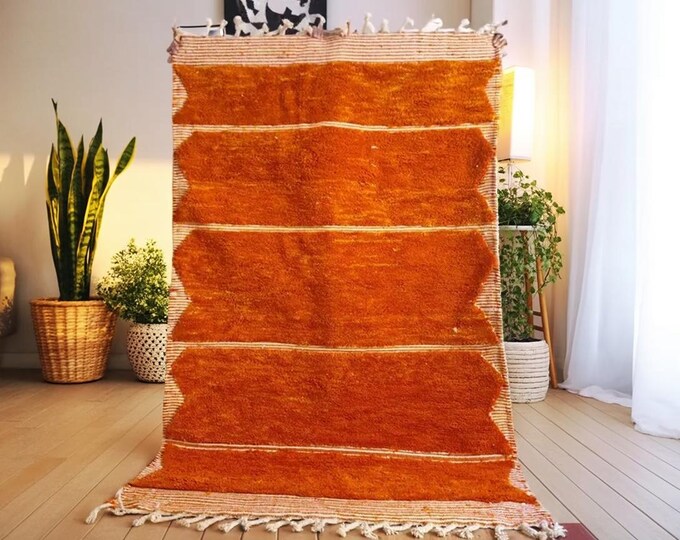 Moroccan Orange Wool Rug – Handmade Beni Ourain Berber Carpet – Custom Lamb Wool Rug – Authentic Handwoven Orange Area Rug