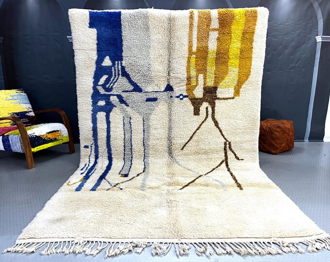 Moroccan Handmade Beni Mrirt Rug – A Soft Symphony of Colors and Geometry | Fluffy Authentic Berber Wool Rug 6.7x10.4 FT