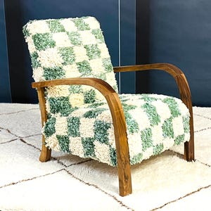 Moroccan Lounge Chair - Handcrafted Moroccan Colors - Mid-Century Wooden Chair with Handmade Textured Cushions - Distinctive Home Accent.