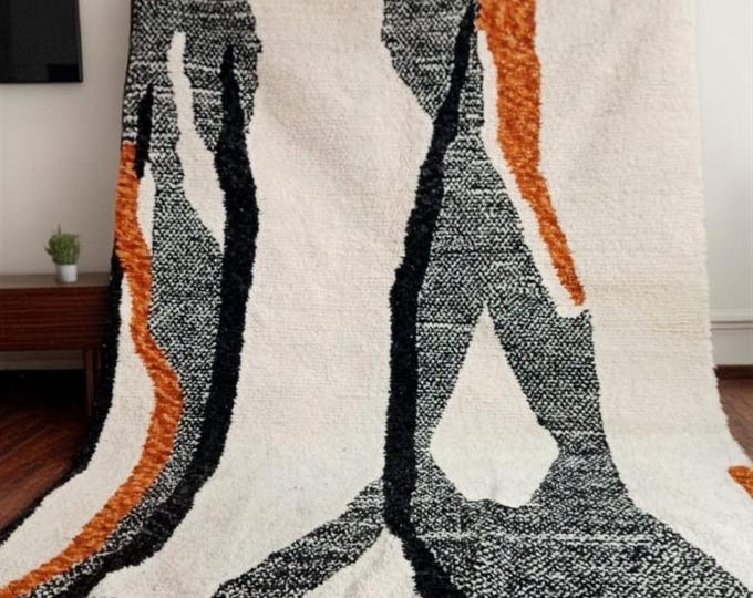 Large Moroccan Rug – Handmade Colorful Beni Ourain Carpet – Orange Checkered Wool Rug – Custom Moroccan Berber Rug – Modern Boho Decor