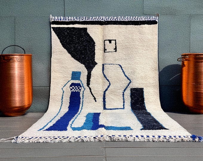 Beni Ourain Rug Black & White 200x283 cm (6.5x9.2 ft) - Authentic Moroccan Berber Rug, Handmade, Natural Wool, Geometric, Modern, Minimalist