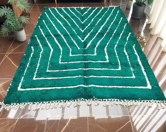 Retro Wool Area Rug in Green & White – Hand Tufted Rectangular Shag Rug – Wool Shag Handcrafted for Bedroom, Living Room - teppich