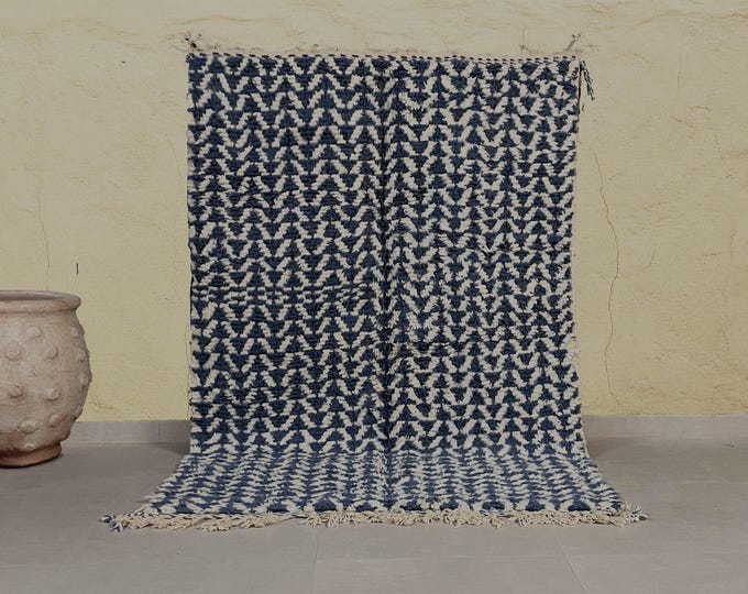 Moroccan Handmade rug ,Beni ourain style Morocco wool Berber Rug, modern rug, Hand woven rug, Azilal Berber style - Blue Rug Morocco