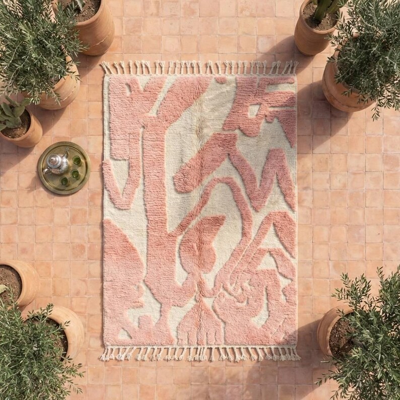 Carved Pink Moroccan Rug, Custom High Pile Wool Carpet, Abstract Geometric Area Rug, Organic Modern Decor, Handmade image 3