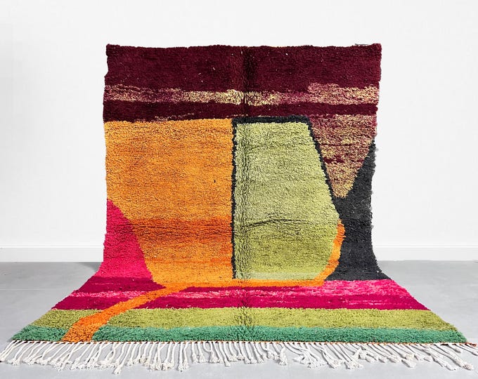 Authentic Berber Beni Ourain Rug, 6.8x9.2ft (207x281cm), Multicolor Geometric Wool Carpet, Handwoven Moroccan, Boho Decor, Tribal Ar