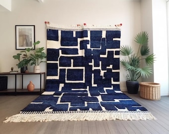 Alfombra marroquí hecha a mano – Alfombra bereber de lana azul oscuro – Estilo Beni Ourain – Alfombra marroquí moderna tejida a mano – Alfombra personalizada