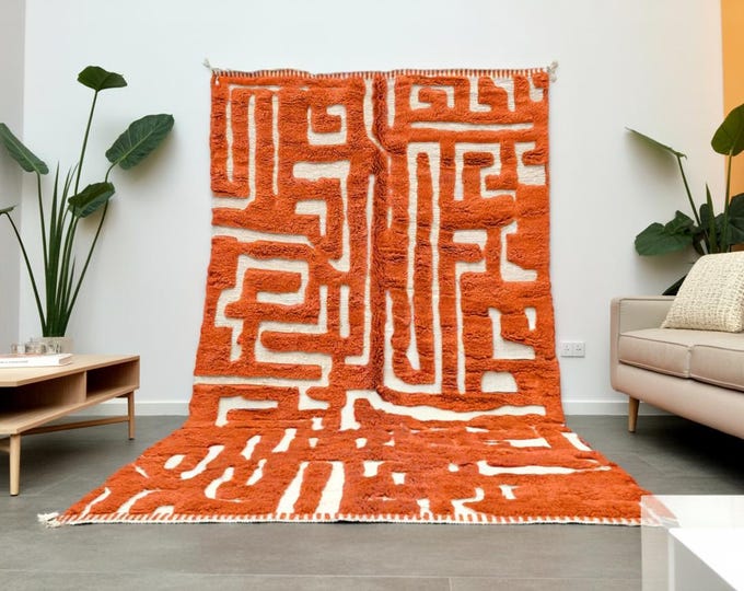 Orange Abstract Moroccan Rug – Handmade Beni Ourain Wool Carpet – Boho Berber Tapestry – Modern Tribal Floor Decor – Custom Size & Color