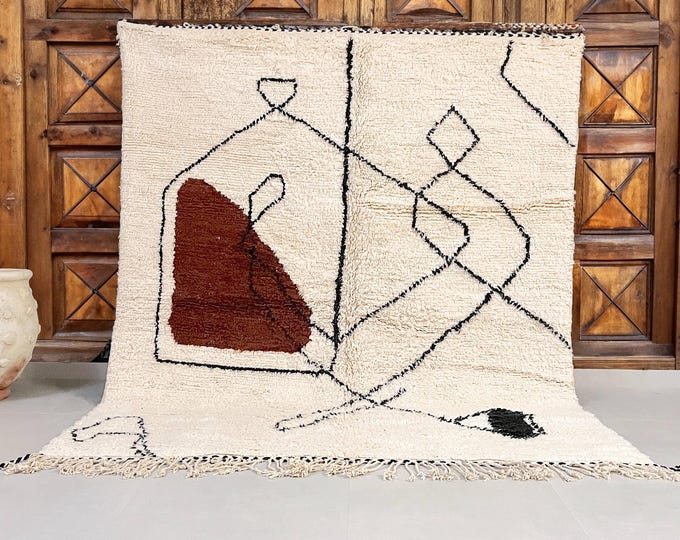 custom rug, moroccan rug, Abstract Moroccan Wool Rug with Artistic Red Accent - Handwoven wool rug, Handmade Rug, brown rug, Beni Ourain Rug