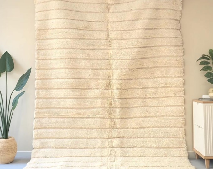 Handmade Moroccan Beni Ourain Rug – Ivory Wool Berber Carpet, Solid Cream Area Rug, Custo