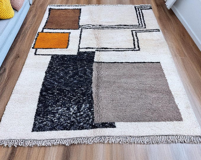 Handwoven Beni Ourain Moroccan Rug 198x259 cm (6.5x8.5 ft) – Natural Undyed Wool, Tribal Design – Modern, Boho, Ethical Home Decor