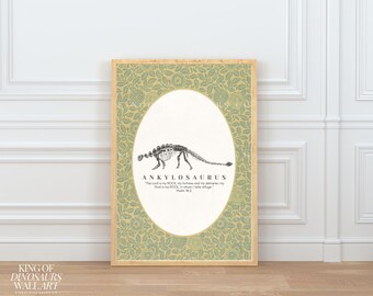 Dinosaur Art Digital Download, Ankylosaurus, Kids Nursery Decor, Jesus, Bible Verse, Traditional, Beige, Vintage Leaf, Fossil