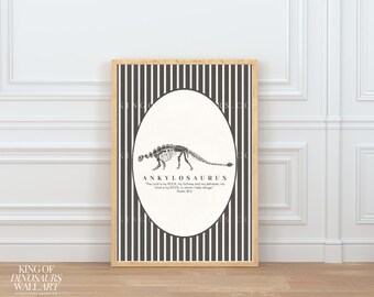 Dinosaur Art Digital Download, Ankylosaurus, Kids Nursery Decor, Jesus, Bible Verse, Traditional, Beige, Vintage Stripe, Fossil